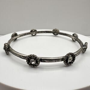 Vintage 90s Silver Tone Bracelet Floral Clear Rhinestone Boho Women's Jewelry
